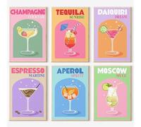 CharmBurst 6 pièces affiches rétro colorées pour cocktails, art mural sur toile, impression amusante de verre de vin alcoolisé, décoration murale esthétique pour pièces, 20x25 cm non encadrée