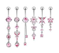 CharmBurst 6 Pièces De Piercings De Nombril Rose, En Acier Inoxydable Suspendu, Anneaux Résistants À L'eau Pour Le Ventre, Bijoux De Piercing En Acier Chirurgical, Anneau