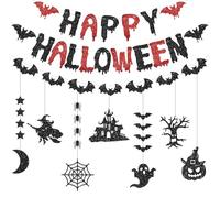 CharmBurst Bannière Glitzer Halloween, Girlande Noir-Rouge, Panneau en Papier, Bannière Chauves-Souris, Guirlandes Suspendues, Décorations Effrayantes pour Fêtes et Célébrations Halloween