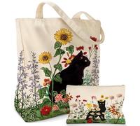 CharmBurst Ensemble de 2 Sacs en Coton avec Motif Chat et Trousse à Maquillage, Sac en Tissu imprimé, Sac fourre-Tout, Cadeau pour Femmes, Enseignants, collègues, Anniversaire