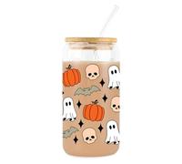 CharmBurst Halloween Glasbecher Mit Deckel Und Strohhalm, 16oz Kürbis Geist Totenkopf Motiv, Spooky Iced Coffee Tumbler, Herbst Trinkglas Geschenk Für Frauen Teenager Deko