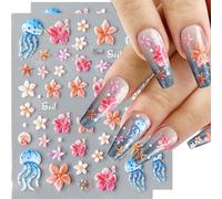 CharmBurst Lot de 2 Stickers Ongles d'été avec Fleurs, Étoiles de mer, Perles, Autocollants Ongles Autocollants, Accessoires Design pour Ongles Gel, Décoration Ongles Tendance