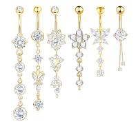 CharmBurst Lot de 6 piercings de nombril dorés, bijoux de corps en acier inoxydable et chirurgical avec pendentifs, tendance