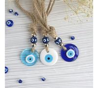 Charme d'œil bleu fait à la main - Pendentif œil du mal, suspension murale décorative en verre avec plusieurs options de couleurs, perles dorées et blanches, amulette de protection pour la décoration 