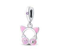 Charme pendentif écouteur chat rose, accessoire de bracelet à breloques en argent sterling 925, compatible avec le collier bracelet pandora, cadeau pour femme