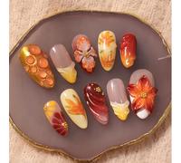 CHarmeFleur 30 pièces ongles pressés automne feuille d'érable style français moyen avec fleurs 3D et application feuille d'or fait main nail art Thanksgiving pour