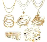 CHarmeFleur 38-59 pièces (8-9 ensembles) parure en or plaqué pour femmes avec 8 colliers, 12 bracelets, 27 bagues, 12 paires de boucles d'oreilles, bijoux simples et scintillants Happy-Gold pour