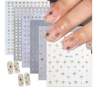 CHarmeFleur 6 Feuilles Autocollants Étoiles Scintillantes pour Design d'Ongles 3D Or Argent Strass Conception d'Ongles Autocollants Noir Blanc Lumière Étoilée