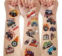 CharmeFleur 60 PCS Tatouages Temporaires de Camion pour Enfants Styles Métalliques Groovy pour Roues de Camion Fournitures de Fête d'Anniversaire Voiture de Course Drapeau à Damier Trophée Faux
