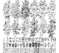 CharmeFleur 63 feuilles tatouages temporaires de roses noires et pivoines réalistes pour femmes adultes art corporel bras serpent esquisse florale fausse tatouage manche