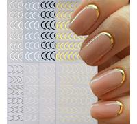 CHarmeFleur 8 pièces Autocollants d'Art Nail Français Ligne Dentelle 3D, Autocollants pour Ongles à Lignes Simples Noir Blanc Or Argent, Bandes Métalliques Autocollantes