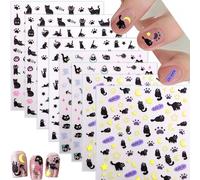 CHarmeFleur Autocollants d'Art de l'Ongle Chat Noir 8 Feuilles Autocollants d'Ongle Chat Halloween Animal Cartoon Fournitures de Décoration d'Ongles Autocollantes Mignon