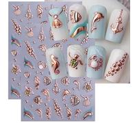 CharmeFleur Autocollants d'art pour ongles en relief 5D style océan Vie marine Décalcomanie pour ongles Coquille dorée Étoile de mer Créature marine Design d'ongle d'été Autoadhésif Accessoire pour