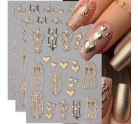 CharmeFleur Autocollants Ongles Cœur Doré Pour Manucure 3D Cœurs Bronzés Décoratifs 3 Pièces Motif Arbre Rayures Métalliques Or Amour Design Auto-adhésif