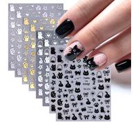 CHarmeFleur Autocollants pour Ongles de Chat 8 Feuilles Mignons 3D Autocollants Or Argent Noir Blanc Design Chat pour Enfants Filles Femmes DIY Manucure