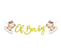 CHarmeFleur Bannière Oh Baby Nous Avons Hâte Ours Décorations de Baby Shower Neutre Bannière Baby Shower Panneau Or Décorations Ours en Peluche