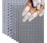 CHarmeFleur Bref Autocollant pour Ongles 8 Feuilles Lettres Anglaises Anciennes Décalcomanies pour Ongles 3D Autoadhésives Or Argent Noir Blanc Motif Rétro Anglais Ancien