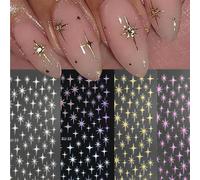 CharmeFleur Etoiles Autocollants Design Ongles Stickers Décalques Laser Or Étoiles Décalques Ongles 8 Pièces 3D Métal Étoiles à Quatre Branches Autocollants Ongles Manucu