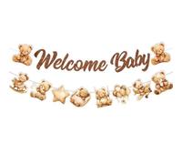 CharmeFleur Guirlande "Welcome Baby" Thème Ours en Peluche - Décoration de Baby Shower, Baptême et Fête de Naissance - Style Aquarelle Marron et Pailleté