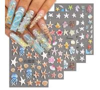 CharmeFleur Ocean Life 5D Stickers d'art d'ongles embossés 5 Feuilles Étoile de mer Coquillage Méduses Fleurs d'hibiscus Autocollants Ongles Thème Marin Été Accessoires pour ongles