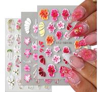 CharmeFleur Sommer 5D Relief Autocollants pour Ongles Fleuris 6 Feuilles Autocollants Floraux Auto-adhésifs avec Pierres Perles Fleurs Rouges Roses Blanches Décoration po