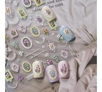 CharmeFleur Vintage décalcomanies pour ongles avec cadre fleuri 5D en relief designs floraux autocollants 3D marguerites accessoires d'ongles bouquet de tulipes images d'ongles art d'été