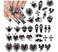 CharmeFleur Y2K 3D Chrome Pierres Précieuses Charms Pour Ongles Noir Gothique Set Avec Croix Cœur Pierre Tombale Rouge Designs Rétro DIY Bracelet Charms Noir Noir
