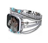 CHARMINGO - Bracelet de montre multicouche style bohème unisexe avec sangles en cuir, compatible avec Apple Watch 42 mm/44 mm/45 mm/49 mm, Series 9/8/7/6/5/4/3/2/1/SE Ultra 2, argenté