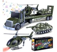 Charmofun 3 in 1 Camion Militaire Jouet, Grand Dépanneuse avec Hélicoptère, Transporteur Voitures Jouet avec Char Militaires, Jouet de Camion Véhicules Cadeau de Noël pour Enfant 3+ Ans (Militaire)