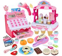 Charmofun Caisse Enregistreuse Jouet avec Glacier - Inclut 48 Accessoires (15 Crème Glacée, 5 Gâteaux, 7 Couverts, Argents, etc.), Jeu de Rôle Enfants 3+ Ans , Montessori Jouet pour Garçon Fille