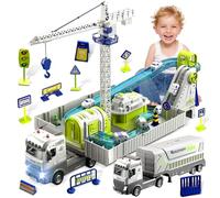 Charmofun Camion Chantier Enfants, Véhicules de Construction Jouet avec Piste, Grue à Tour, Engins de Chantier, Grand Camion Grue en Alliage Cadeau pour Enfant Garçon 3+ Ans