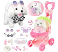 Charmofun Chien Interactif Jouet Enfant avec Poussette Jouet, Electronique Chien Qui Marche et Aboie avec Accessoires, Peluches et Animaux Interactifs Cadeau pour Fille 3 4 5 6 Ans
