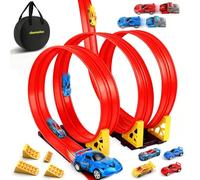 Charmofun Circuit Voiture Enfant 5M, 1:64 Piste de Voiture avec 4 Voitures,Sac Rangement, Circuit de Voiture avec Rampe et Lanceur, Piste de Course Portable Double Voies pour Enfants de 3+ Ans (Rouge)
