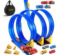 Charmofun Circuit Voiture Enfant 5M, 1:64 Piste de Voiture avec 4 Voitures,Sac Rangement, Circuit de Voiture avec Rampe et Lanceur, Piste de Course Portable Double Voies pour Enfants de 3+ Ans (Bleu)