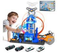 Charmofun City Coffret Circuit Looping de Commissariat, Set Circuit Voitures avec 4 Voitures, Une Piste Élévatrice et des Effets Lumineux et Sonores, Jouet de Piste Lanceur Enfant - dès 4 Ans