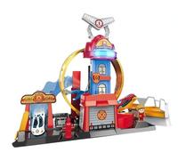 Charmofun City Coffret Circuit Looping de Pompiers, Set Circuit Voitures avec 4 Voitures, Une Piste Élévatrice et des Effets Lumineux et Sonores, Jouet de Circuits Lanceur Enfant - dès 4 Ans