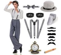 Charmofun Costume Homme Années 20, Déguisement Mafia Vintage pour Carnaval et Fêtes avec Chemise, Pantalon, Bretelles, Chapeau, Nœud Papillon, Cravate et Accessoires (Gris, XL)