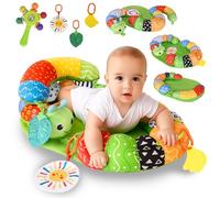 Charmofun Coussin Bebe 0-3-6-9 Mois, 3 en 1 Tapis de Jeux Bebe, Jeux Eveil Bebe 0-3 Mois, Tummy Time Chenille Coussin Bebe avec Anneau Dentition Bebe, Hochet et Miroir