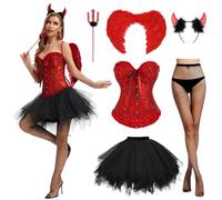 Charmofun Déguisement Halloween Femme Diable Sexy, Costume Diablesse Femme avec Corset Rouge, Ensemble 6 Pièces Aile Demon, Déguisement Halloween Féminin Cosplay Carnaval (XL)