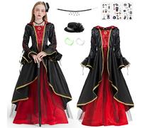 Charmofun Deguisement Vampire Fille, Costume Vampire Enfant avec Mini Chapeaux, Collier Gothique et Dents de Vampire, Robe Halloween pour Fille Cosplay Diablesse Carnaval