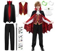 Charmofun Deguisement Vampire Garcon, Deguisement Dracula Enfant, Ensemble de Costume Vampire avec Cape, Canne Squelette et Dents Artificielles Phosphorescentes, pour Halloween Cosplay (130)