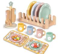 Charmofun Dinette en Bois Enfant, Jouets de Cuisine en Bois avec Tasses, Jeu de Vaisselle de Cuisine, Accessoires de Cuisine Jeux de Rôle pour Filles Garçons 3+ Ans