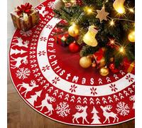 Charmofun Jupe de Sapin de Noël, 122cm Jupe d'arbre de Noël Tricotée, Décorations de Noel Ronde Flocon de Neige Élan pour Fêtes à Maison et Nouvel, Cache Pied Sapin de Noel, Tapis Rouge