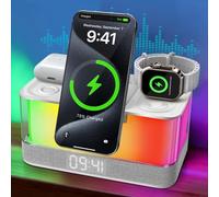 Charmofun Lampe de Chevet avec Enceinte Bluetooth et Chargeur Induction, 3 en 1 Station de Charge pour Phone Montre Connectée et Écouteurs, Enceinte Connectée avec Lampe d'ambiance Table