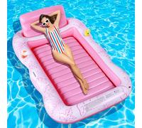 Charmofun Matelas Gonflable Piscine, Gonflable Tanning Pool Flotteur de Piscine pour Adultes pour Bain de Soleil, Piscine Gonflable Hamac avec Porte-gobelet, Piscine Bronzage pour Adultes (Rose)