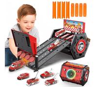 Charmofun Mini Jouet Piste de Voiture pour Enfants avec Lumière et Musique, 4 Voies Camion de Transport avec 4 Voitures, Portable Jouet Piste de Voiture Cadeau pour Enfants de 5+ Ans (Incendie)