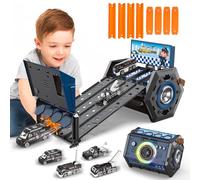 Charmofun Mini Jouet Piste de Voiture pour Enfants avec Lumière et Musique, 4 Voies Camion de Transport avec 4 Voitures, Portable Jouet Piste de Voiture Cadeau pour Enfants de 5+ Ans (Police)