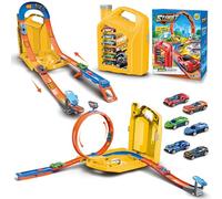 Charmofun Piste de Course 2 en1, Circuit Voiture Enfant avec 6 Voitures, Bboîte Rangement, Piste de Voiture avec Looping et U Track, Portable Jouet Circuit Voiture pour Enfants 3+ Ans (Jaune)