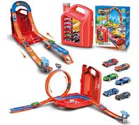 Charmofun Piste de Course 2 en1, Circuit Voiture Enfant avec 6 Voitures, Bboîte Rangement, Piste de Voiture avec Looping et U Track, Portable Jouet Circuit Voiture pour Enfants de 3+ Ans (Rouge)
