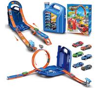 Charmofun Piste de Course 2 en1, Circuit Voiture Enfant avec 6 Voitures, Bboîte Rangement, Piste de Voiture avec Looping et U Track, Portable Jouet Circuit Voiture pour Enfants de 3+ Ans (Bleu)